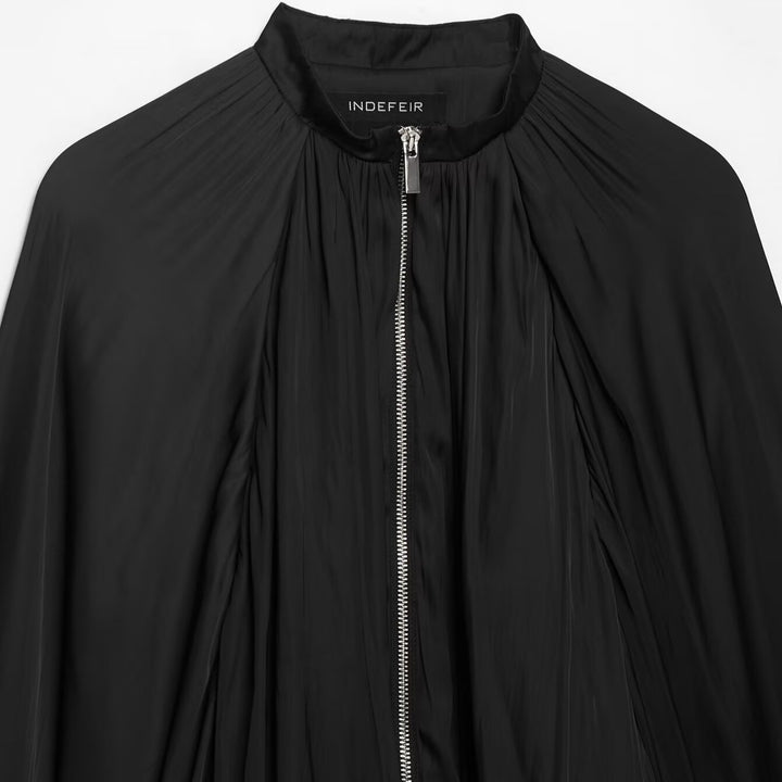 Women Pleated Cropped Cape Jacket with Zipper and Ballooned Hem Amarae