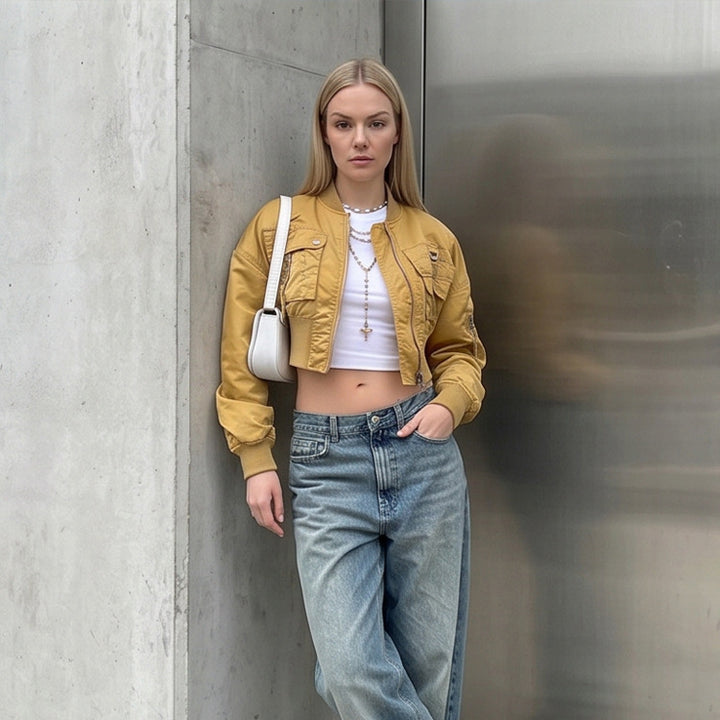Women’s Short-Cut Utility Bomber Jacket with Practical Pockets and Ribbed Cuffs Amarae