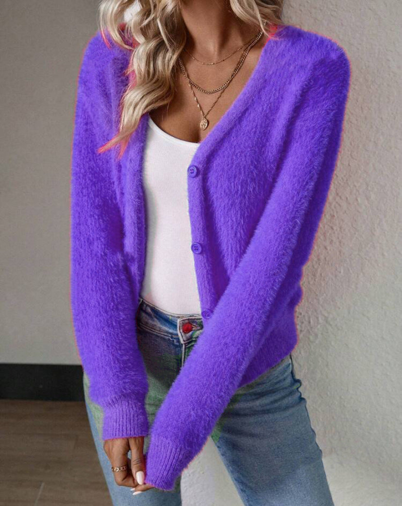 Lune London | Women Fluffy V-Neck Cardigan with Button Detail