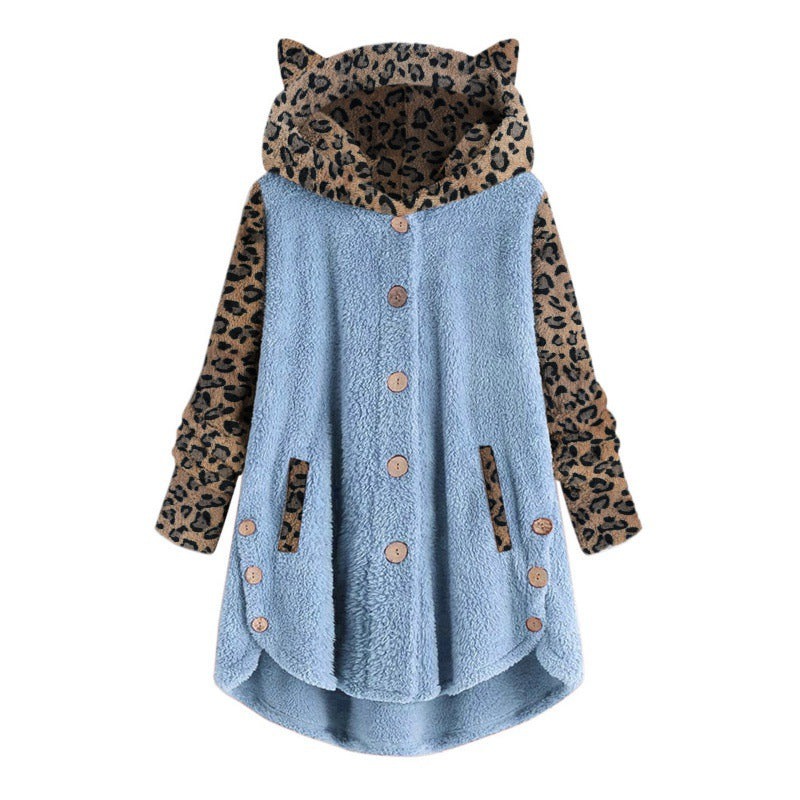 Women's teddy coat with hood, button placket, and contrasting leopard sleeves Amarae