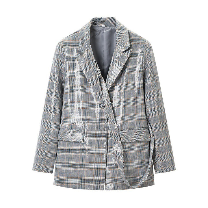 Ladies glencheck blazer with sequin trim and patch pockets Amarae