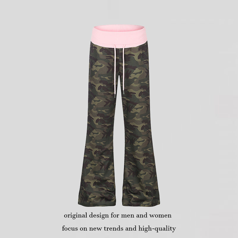 Women's Palazzo lounge pants with high rolled waistband, drawstring, and camouflage pattern Amarae