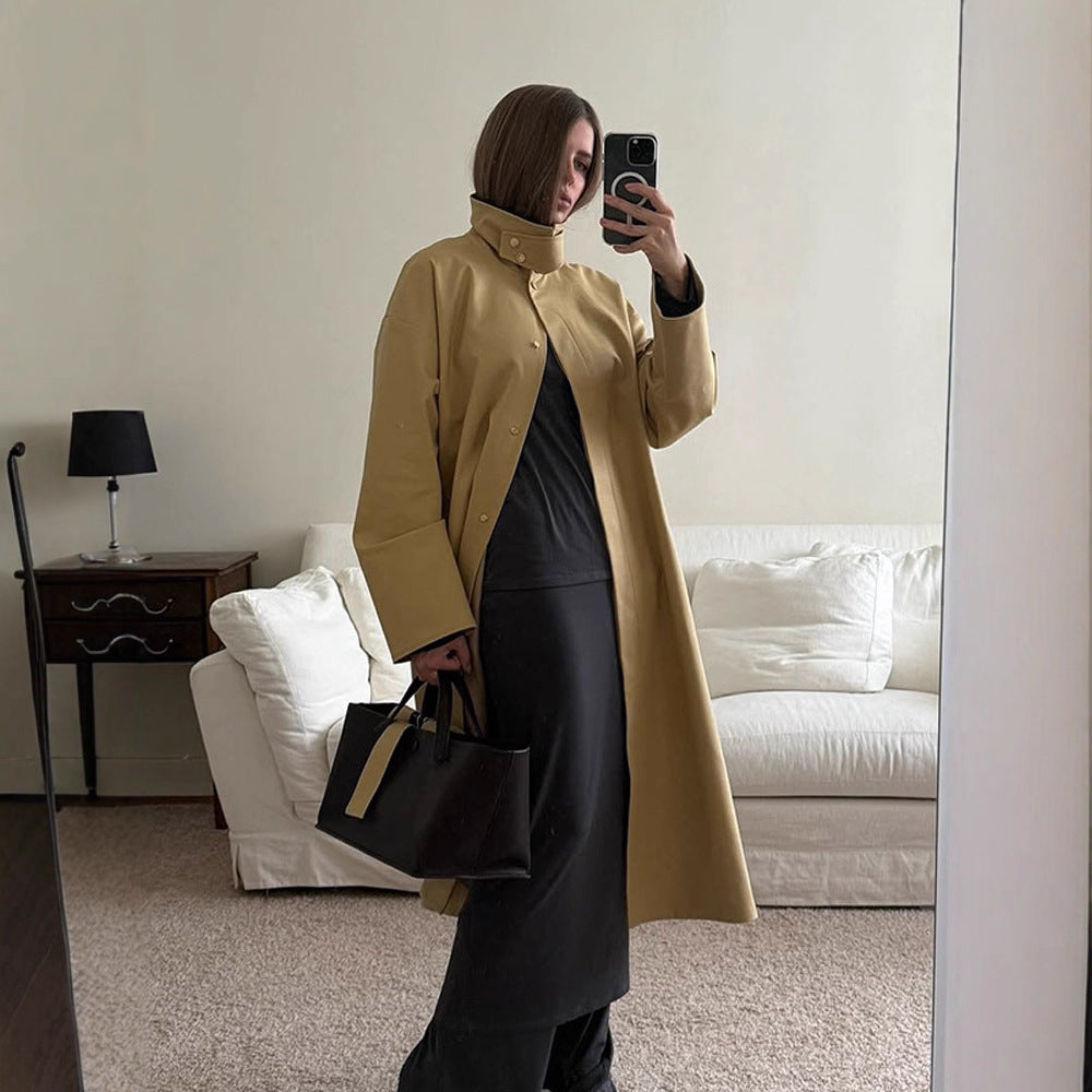 Ladies Maxilong Oversize Trench Coat with Stand Collar and Concealed Snap Placket Amarae