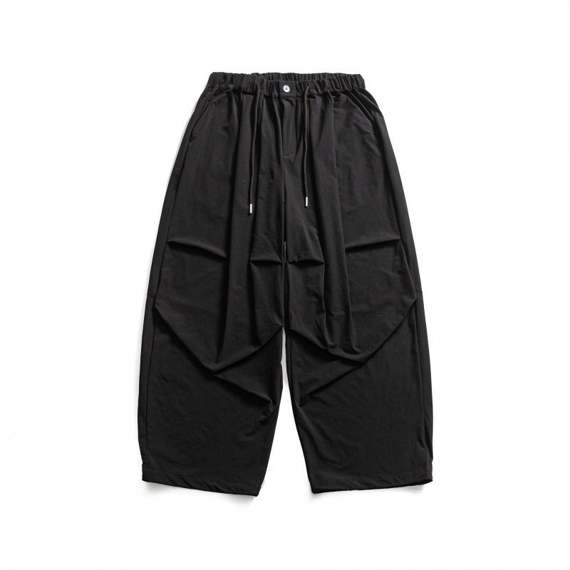 Men's Wide Cropped Harem Pants with Pleat Look, Elastic Waistband and Drawstring Amarae