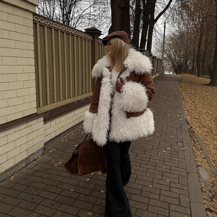 Women's short coat in lamb fur look with voluminous curly collar and contrast trim Amarae