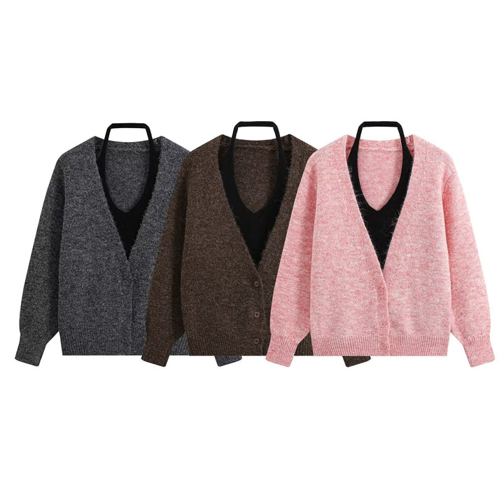 Ladies Oversize Knit Cardigan with Deep V-neck and Wide Ribbed Cuffs Amarae