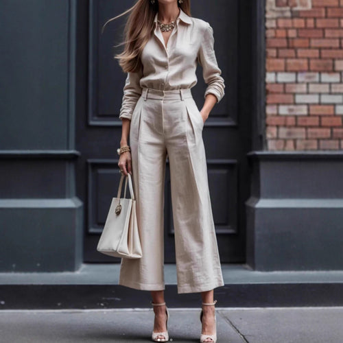 Pantalon féminin élégant en lin avec blouse ajustée et pantalon large Chic & Stil