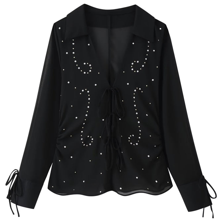 Women’s chiffon blouse with sequin trim, deep V-neck and decorative tie bands Amarae