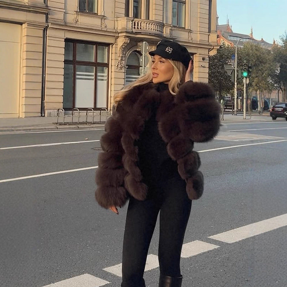 Women's Short Plush Boxy Faux Fur Blouson with Layered Volume Stripes Amarae
