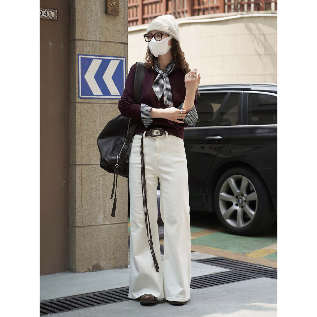 Women High-waisted wide cotton pants with wide leg and fringed leather belt Amarae