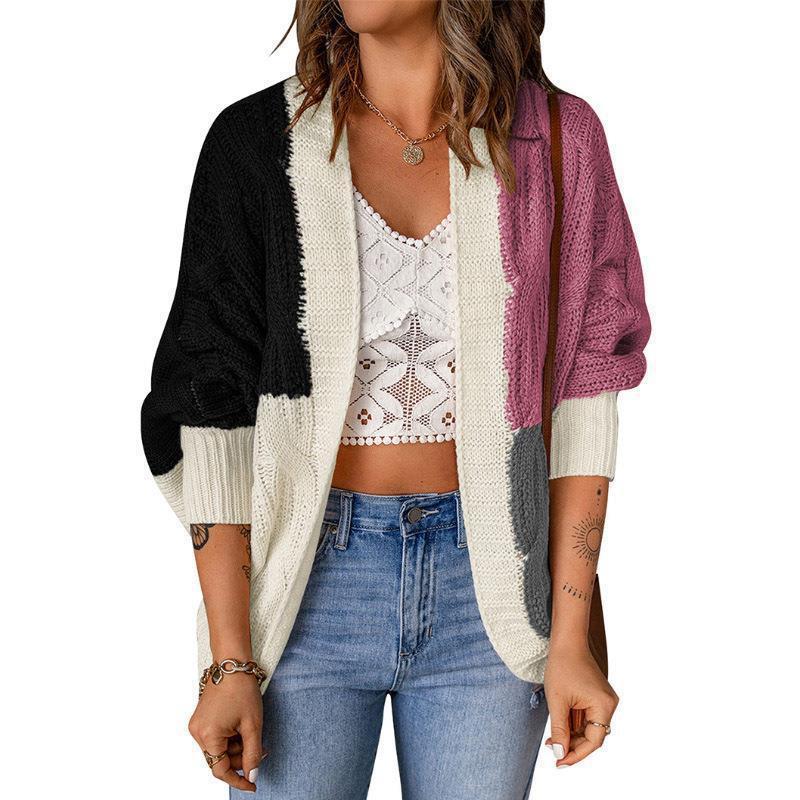 Ladies Elegant Knit Cardigan with Relaxed Fit and Chic Color Block Design