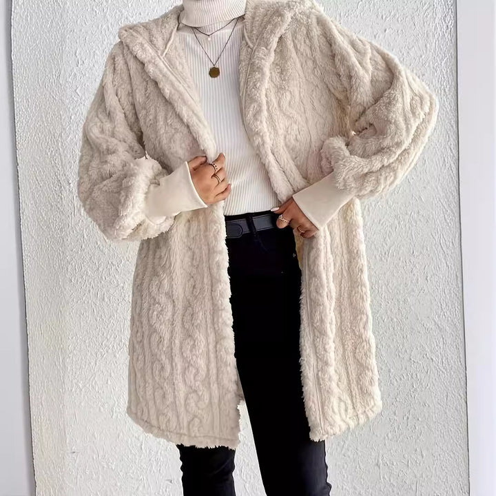 Women’s hooded coat in soft plush material with textured design Lune London