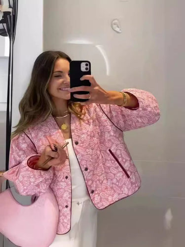 Quilted fall jacket for women with a unique floral pattern and practical pockets Amarae