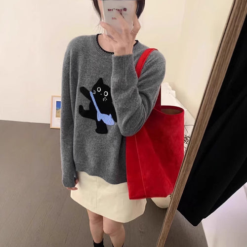 Soft wool women's sweater with cat pattern Amarae