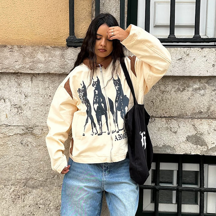 Streetwear jacket for women with a unique dog print and casual cuts Lune London