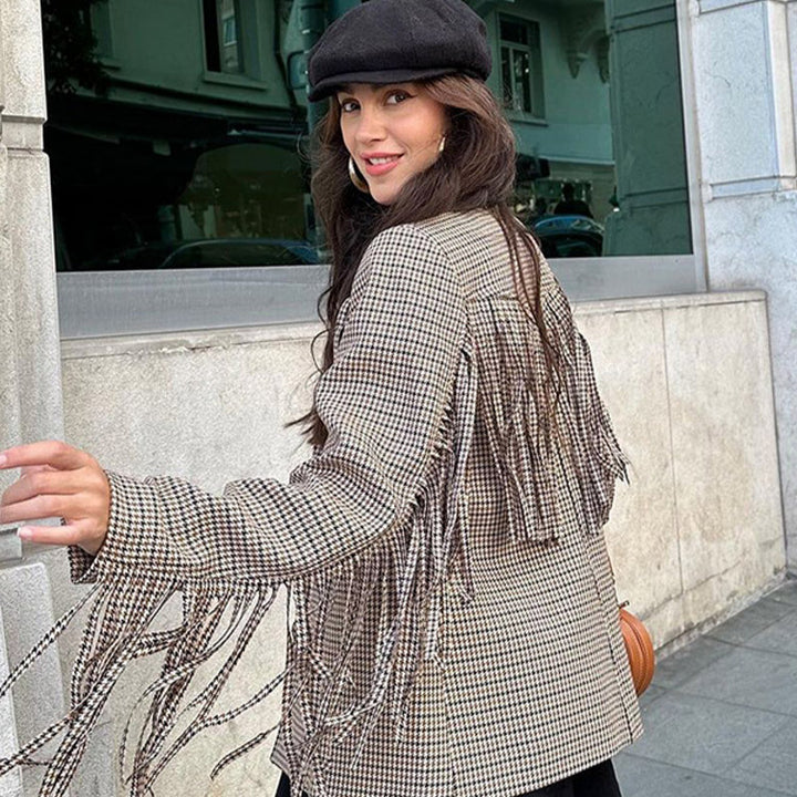 Women's short blazer with fringe and houndstooth pattern Amarae