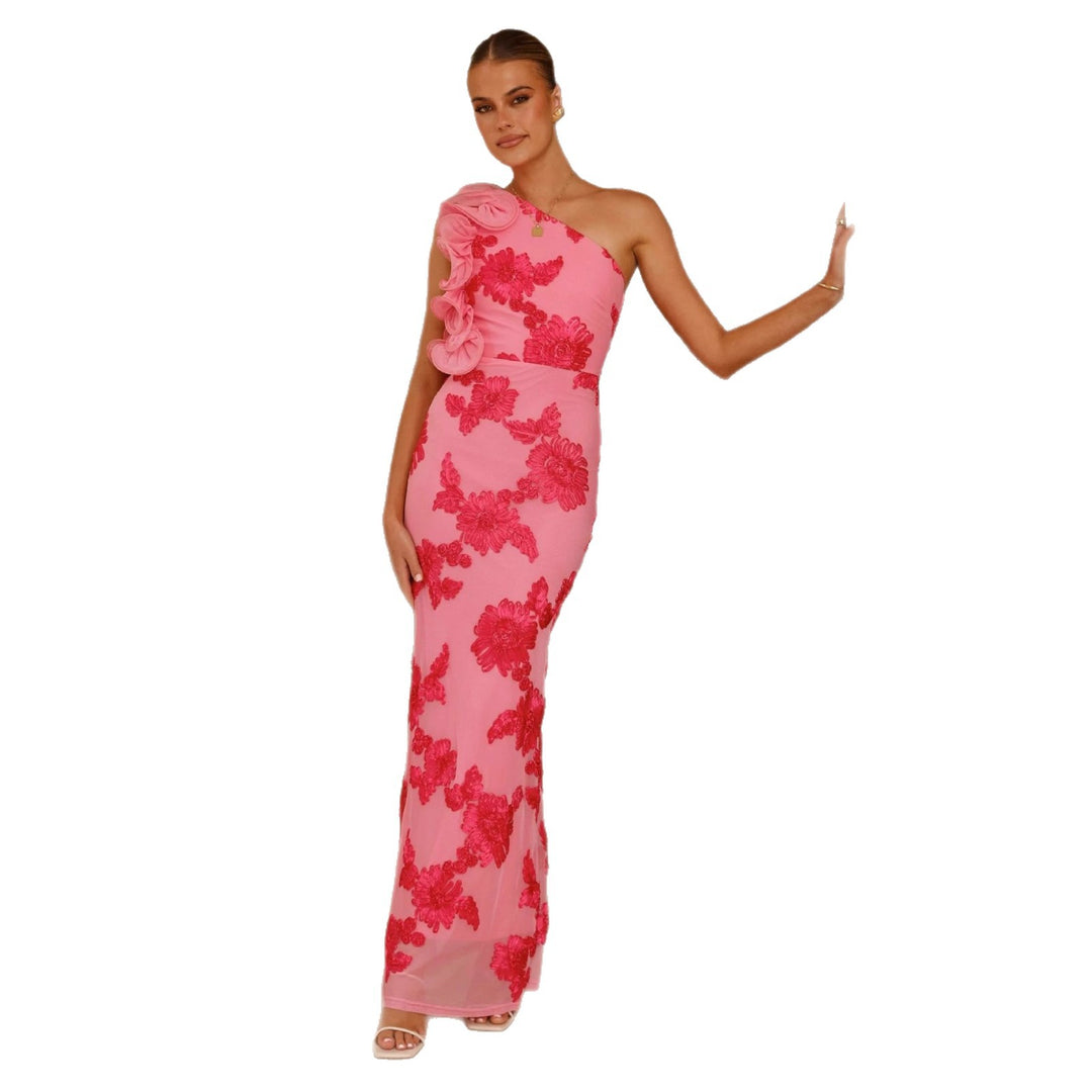 Elegant evening dress for women with asymmetric strap and floral appliqués Chic & Stil