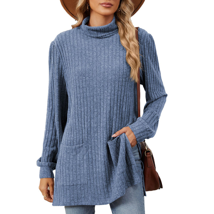 Ladies elegant top in structured knit with high collar and side pockets Lune London