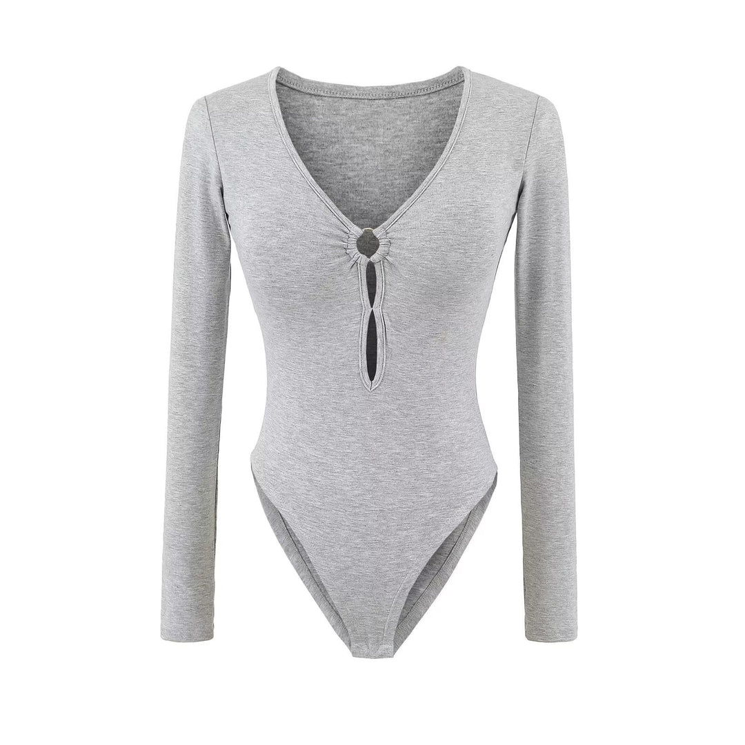 Long sleeve women's body with elegant V-neck and decorative ring detail Lune London