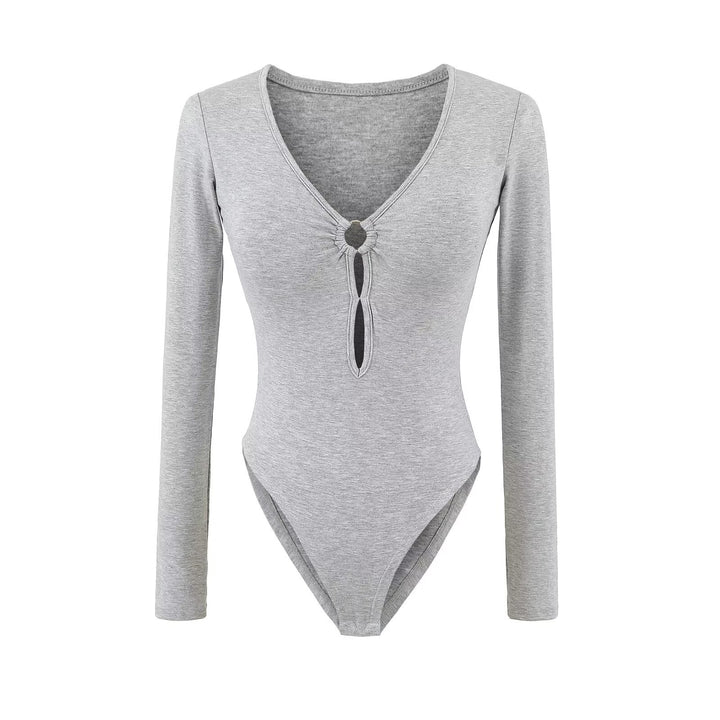 Long sleeve women's body with elegant V-neck and decorative ring detail Lune London