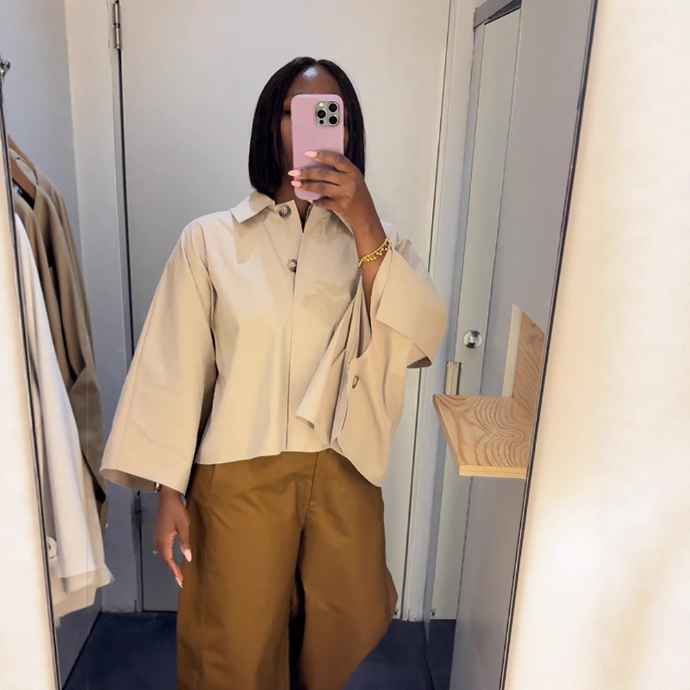 Women's Boxy Cropped Shirt Blouse with Wide Batwing Sleeve and Fine Tuck Amarae