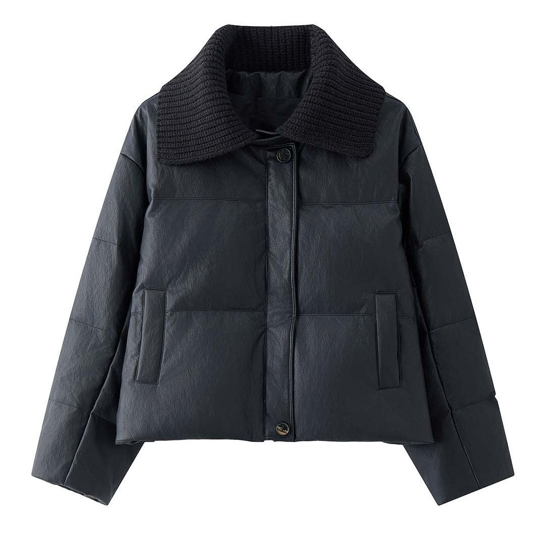 Women's Padded Leather-Look Jacket with Knitted Collar Amarae
