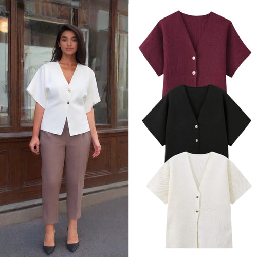 Short sleeved women's jacket with V-neck and decorative buttons Amarae