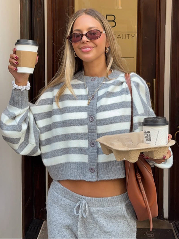 Ladies cropped knit set with striped button jacket, balloon sleeves, and high-waist jogger Amarae