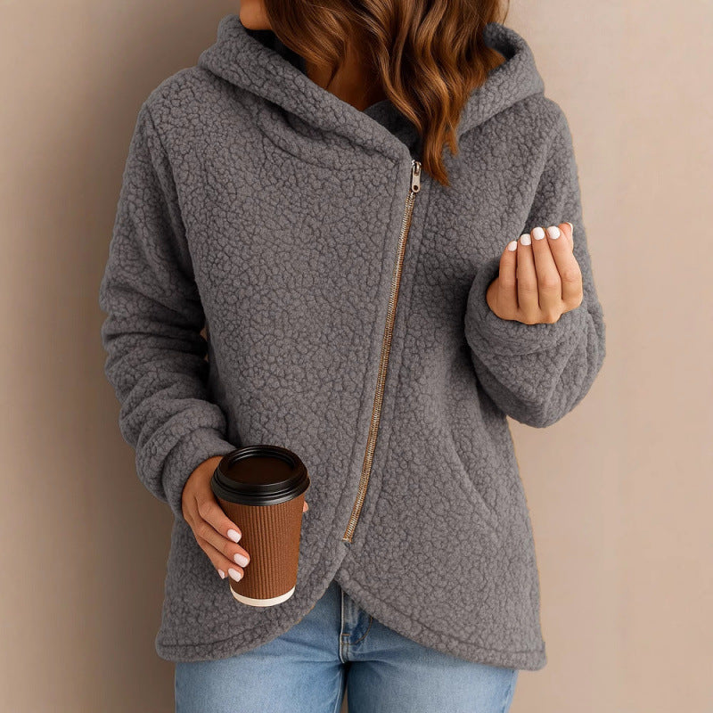 Women's teddy fleece jacket with asymmetrical zipper, hood and curved hem Amarae