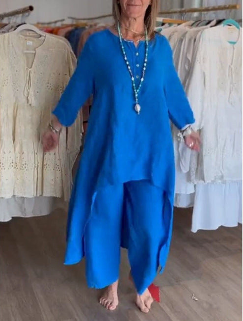 Women's Midi-Length Linen Tunic Set with Asymmetric Hem and Wide Palazzo Pants Amarae