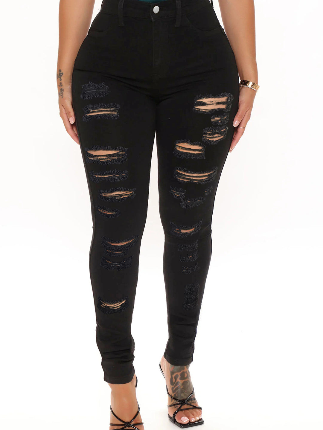 Ladies high-waisted sculpting skinny jeans with heavy destroy design and stretch waistband Amarae