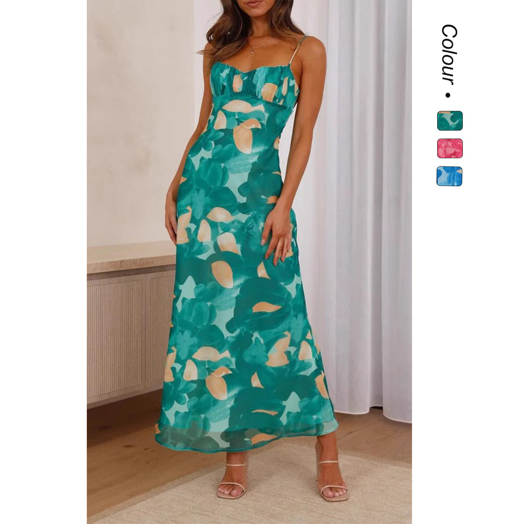 Women's maxi dress with floral watercolor design and adjustable straps