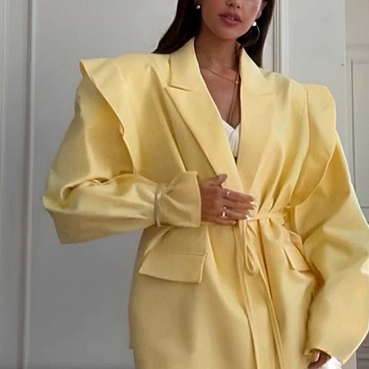 Ladies Tailored Wrap Blazer with Shoulder Pads and Tying Belt Amarae
