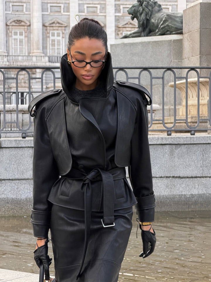 Women's Tailored Leather Jacket with Short Cape Insert, Shoulder Pads and Tie Belt Amarae