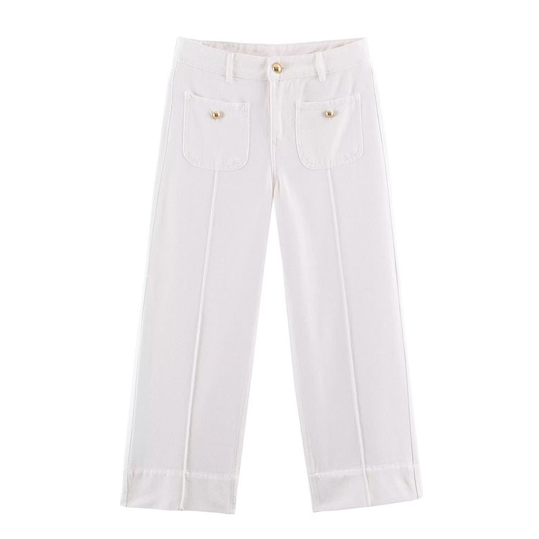 Ladies High-Waist Wide-Leg Jeans with patch front pockets and center seam detail Amarae