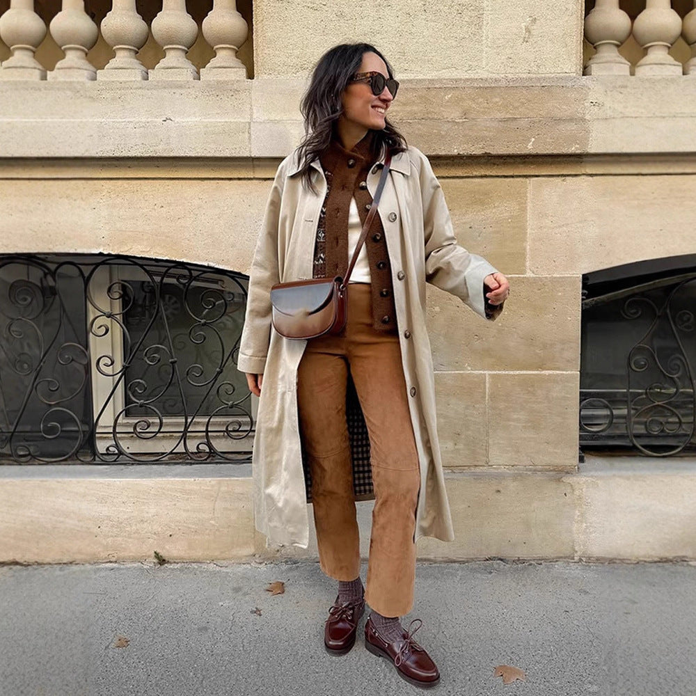 Women's Maxi Long Trench Coat with Check Lining, Wide Fall & Classic Button Placket Amarae