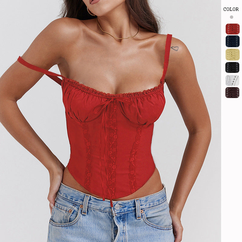 Ladies corset top with ruffle details and adjustable straps Lune London