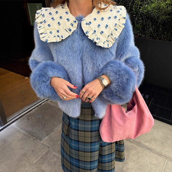 Women's Short Faux Fur Jacket with Distinctive Crochet Collar Amarae