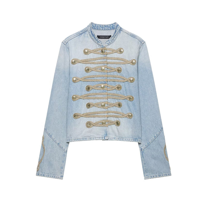 Women's short denim jacket in military style with cord appliqué and mandarin collar Amarae