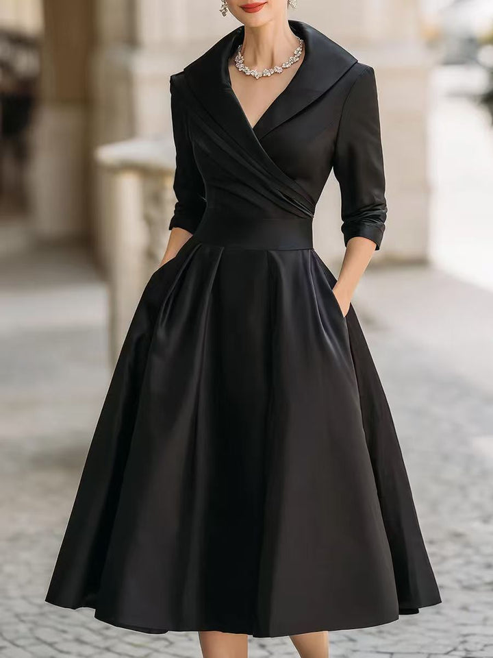 Women's Elegant Satin Midi Dress with Wrap Top, Mid-Length Sleeves and Side Pockets Amarae