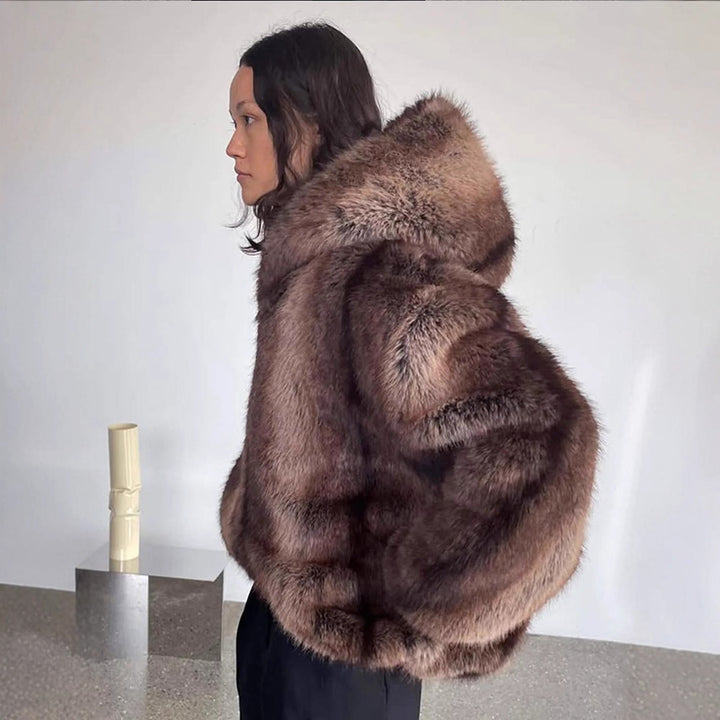 Women's Boxy Faux Fur Hoodie with Voluminous Hood and Loose Silhouette Amarae