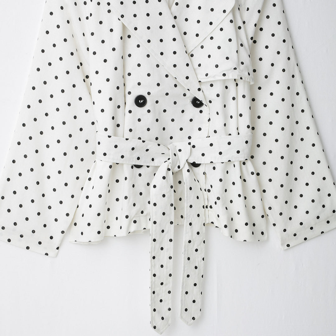 Women Polka Dot Cropped Trench Coat with Waist Belt and Double-Breasted Button Placket Amarae