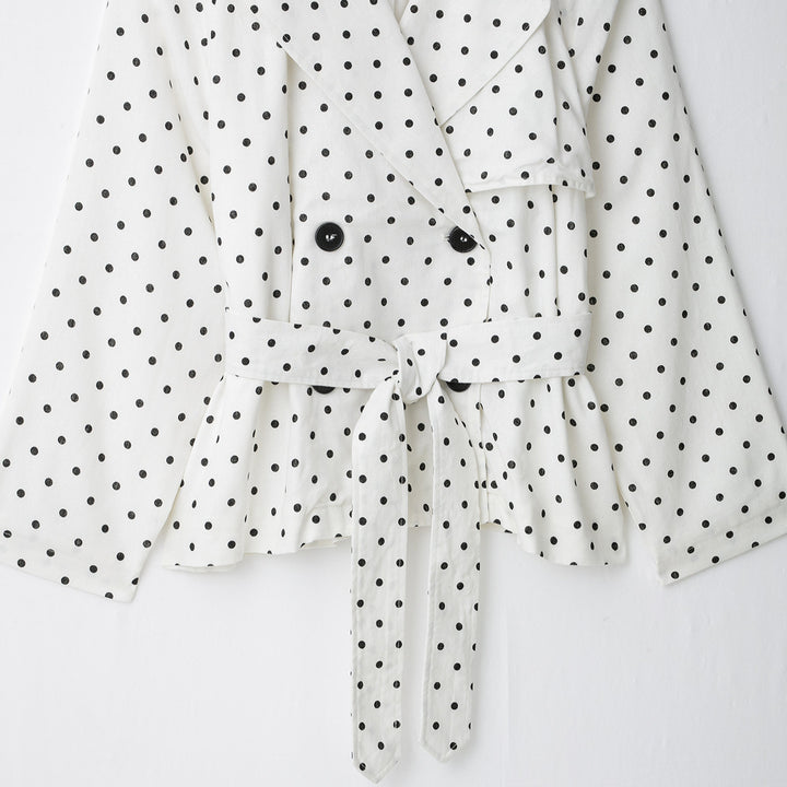 Women Polka Dot Cropped Trench Coat with Waist Belt and Double-Breasted Button Placket Amarae