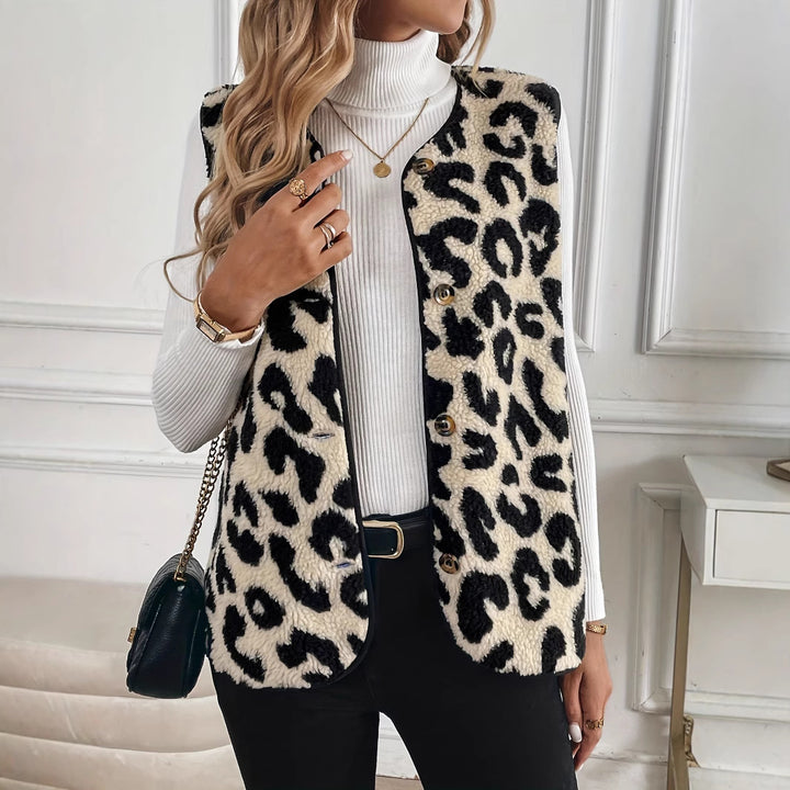 Women Cozy Faux Fur Vest with Leopard Pattern Amarae