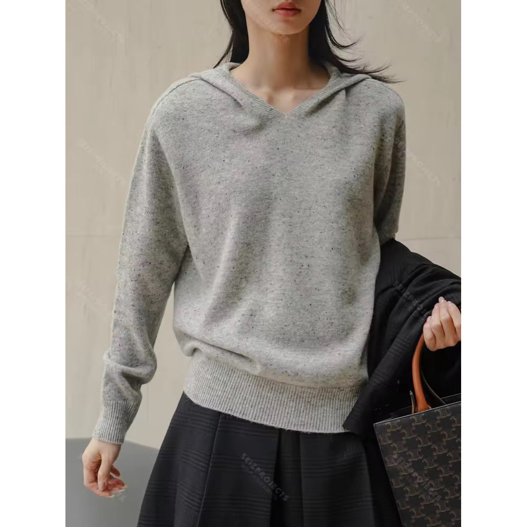 Women's Loose Fine Knit Sweater with Subtle V-Neck and Melange Texture Amarae