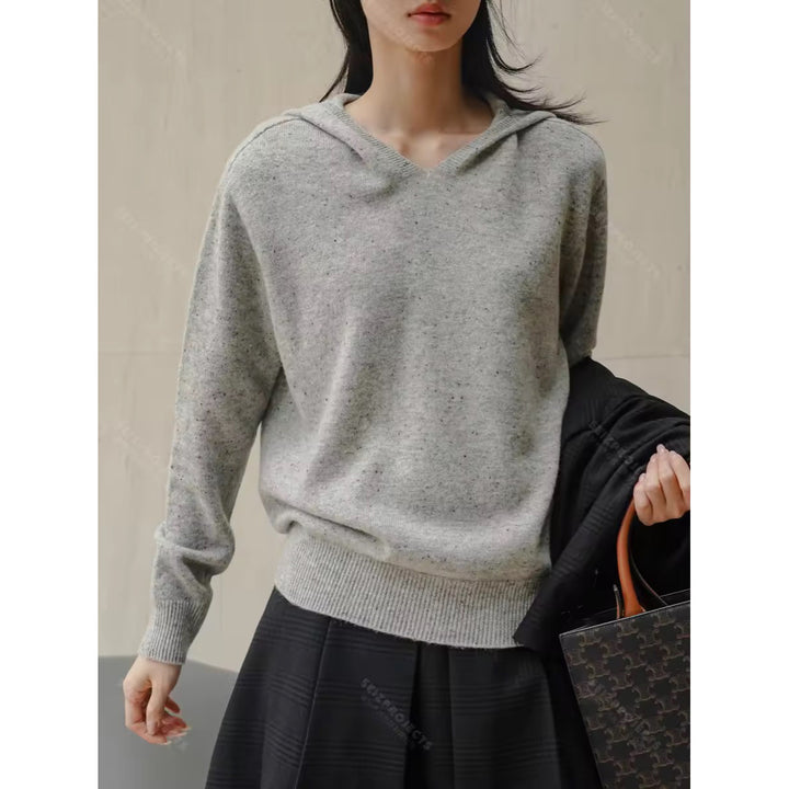 Women's Loose Fine Knit Sweater with Subtle V-Neck and Melange Texture Amarae