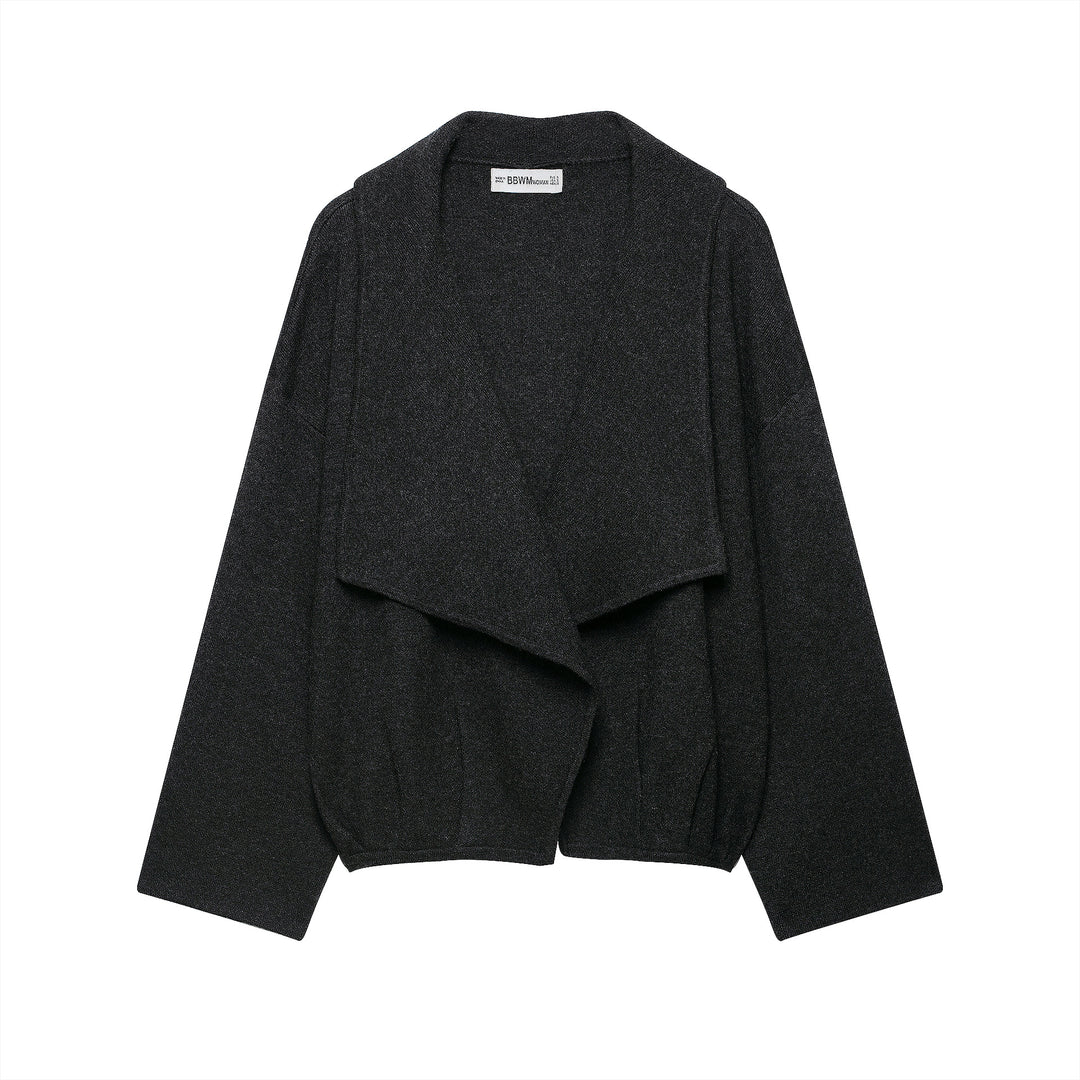 Women's short cut open wool blend cardigan with large shawl collar and boxy cropped silhouette Amarae