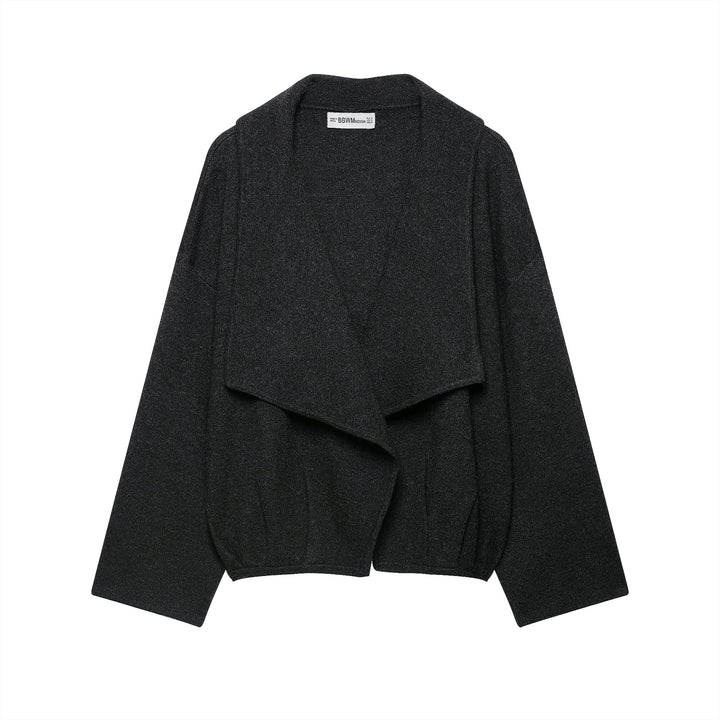 Women's short cut open wool blend cardigan with large shawl collar and boxy cropped silhouette Amarae