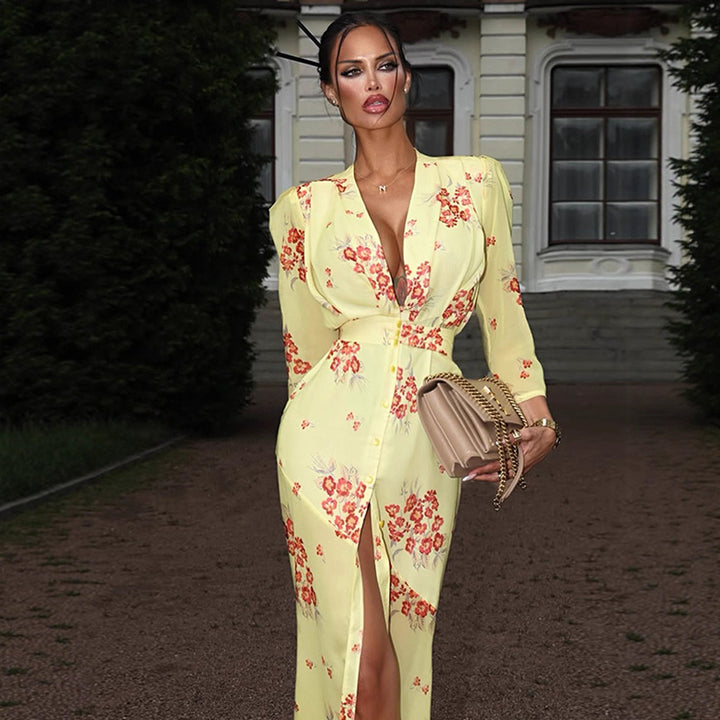 Women's maxi dress with deep V-neckline, tailored corset and high leg slit Amarae
