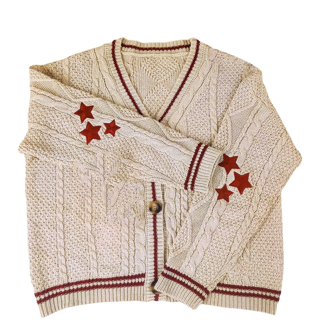 Ladies chunky cardigan with stylish star appliqués and contrasting details Lune London